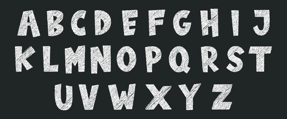 White chalk uppercase letters in hand-drawn sketch style on dark blackboard background. Textured crayon font perfect for school themes, playful designs, or educational materials.