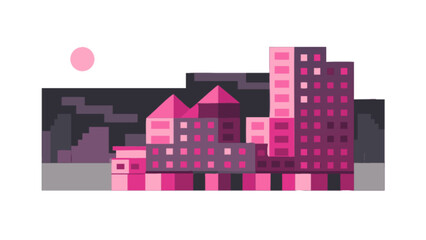 Pink cityscape illustration vector art with buildings skyscrapers and sun in modern style design concept