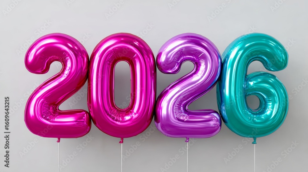 Poster bunch of balloons with the numbers 2026 on them. the balloons are in different colors and are arrang