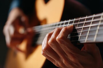 Fototapeta premium Close-up of hands playing a classical guitar, intricate finger work. Musical talent, passion. Warm light.