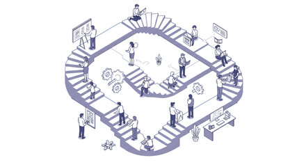 Isometric Team Working on Endless Stairs Loop Concept