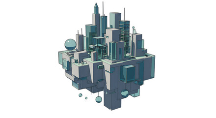 Abstract Cityscape Blue Gray Geometric Architecture Illustration