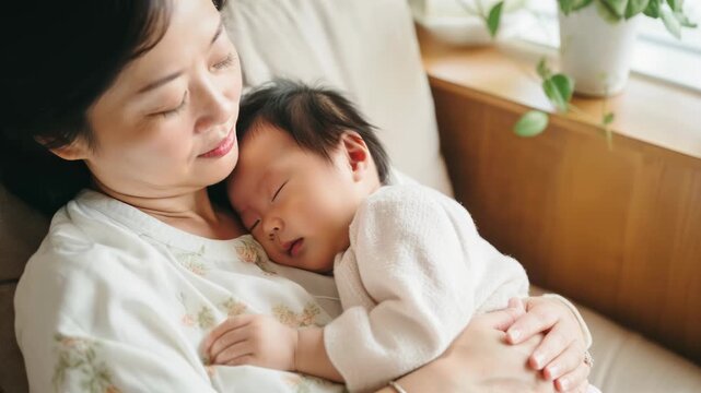 A tender moment captured in a close-up angle, showing a mother and baby in soft lighting. Ideal for family-themed video content.