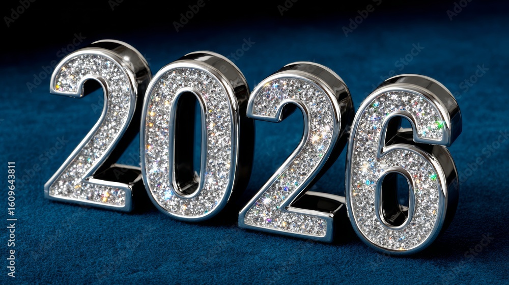 Poster close up of the number twenty six with diamonds on it. the image is of a blue background 2026