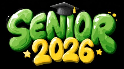Green and yellow logo for Senior 2016. The logo is a cartoonish design with a green and yellow font that says Senior 2026