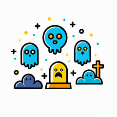 Naklejka premium Colorful cartoon ghosts and gravestones floating in the air 