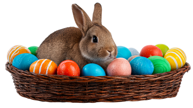Brown rabbit surrounded by colorful Easter eggs in a basket