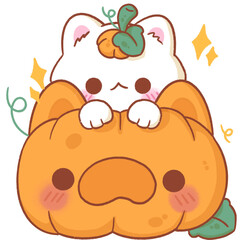 White cat after cute halloween pumpkin, halloween cartoon