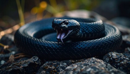 Medium close-up of a fearsome black mamba on volcanic rock, deep charcoal and blue hue scales, dim dramatic lighting, intense focus on head and tongue