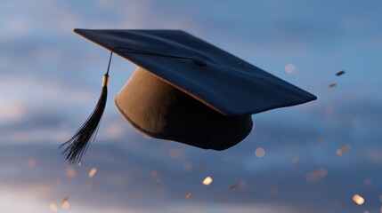 A graduation cap tossed in the air against a celebratory sky. Achievement, success, future. Dynamic.