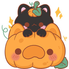 Black cat with halloween pumpkin, halloween cartoon