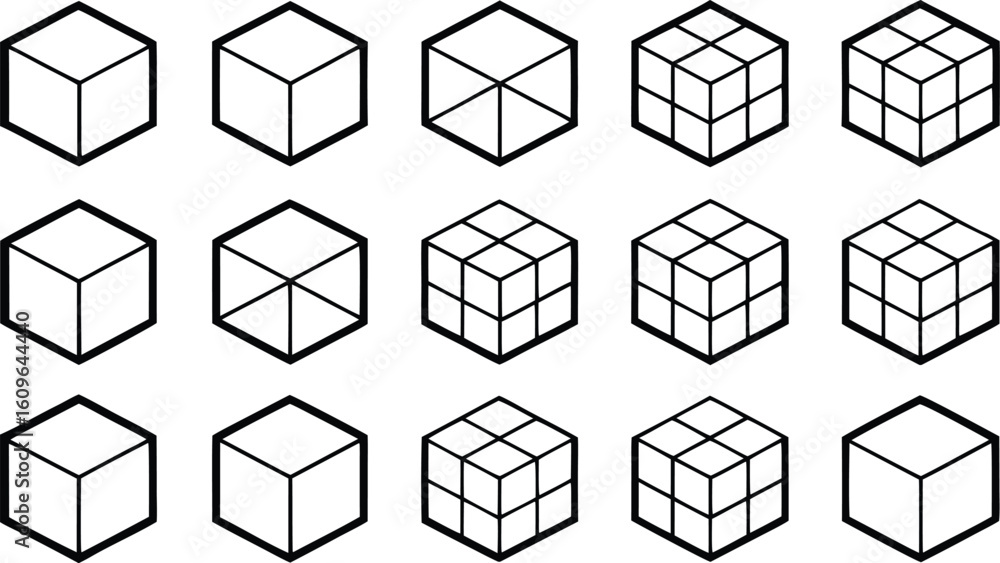Poster seamless isometric 3d building icons set with colorful cube shapes and geometric architecture patter
