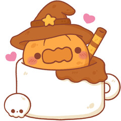 Halloween coffee cup with pumpkin put on hat, halloween cartoon