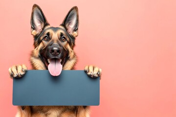Studio pet with sign. Isolated doggy on a solid dress code pink background. Ad-ready studio animal. Ð¡ute dog german shepherd hold in front paws a design draft - large blue alley sign.