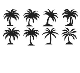 Fototapeta premium Palm tree silhouettes illustration, Set of tropical vector palm tree illustrations for a summer beach paradise, Collection of black silhouette palm trees 