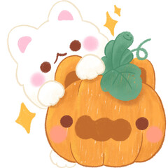 halloween pumpkin with white cat, halloween cartoon, pencil colors