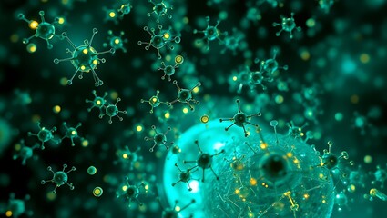 Microscopic view of molecules or cells, ideal for themes of biology, chemistry, virus, vaccine research, and scientific innovation