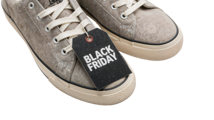 Casual sneakers with black friday sale tag highlighting exclusive discounts