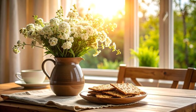 Breakfast Still Life with Crackers and Flowers by Window