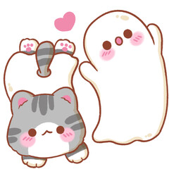 Gray tabby cat with cute ghost, halloween cartoon