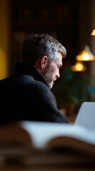 Person studying alone in a cozy cafe, surrounded by books and a laptop. Focused, self-study. Warm lighting.