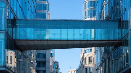 Modern glass-fronted buildings with a pedestrian bridge