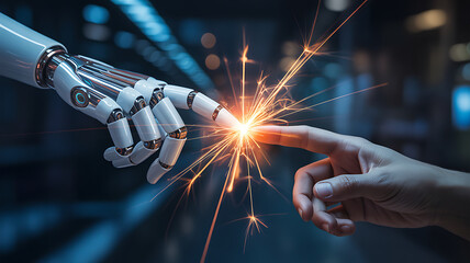 Human and Robot Hand Touching with Sparkles the Future of Technology and Artificial Intelligence Connection