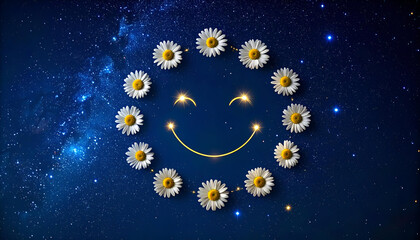 Fototapeta premium Bright Smiley Face Design Surrounded by Daisies on Starry Night Sky