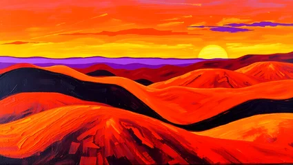  Vivid sunset over colorful hills in impasto painting style, with bold brushstrokes in orange, red, and purple hues. A dramatic landscape in expressive oil textures. © budi