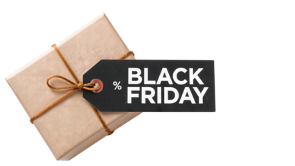 Black friday discount tag on wrapped gift box with brown string for holiday shopping