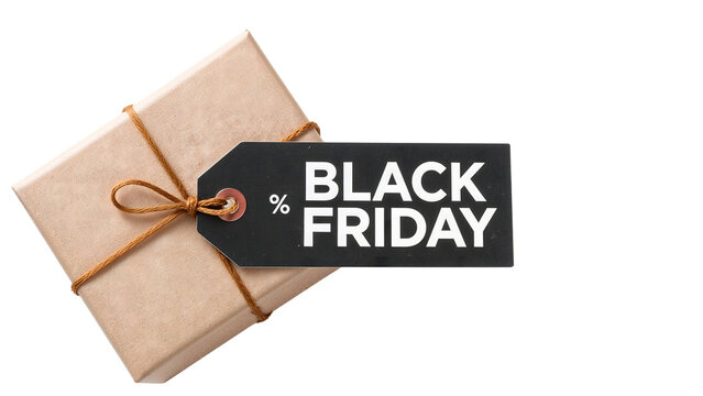 Black friday discount tag on wrapped gift box with brown string for holiday shopping