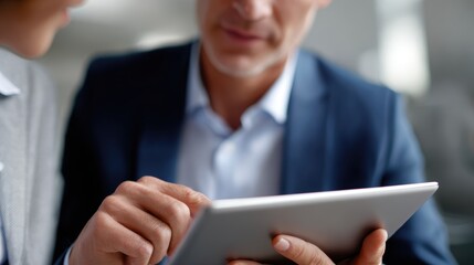 Financial consultant explaining investment options to a client, using a tablet. Professional, trustworthy. Modern office.