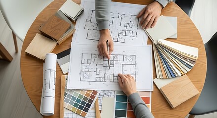 Interior Designer at Work on Home Renovation Project Reviewing Blueprints and Color Palettes for Creating a Stylish Living Space