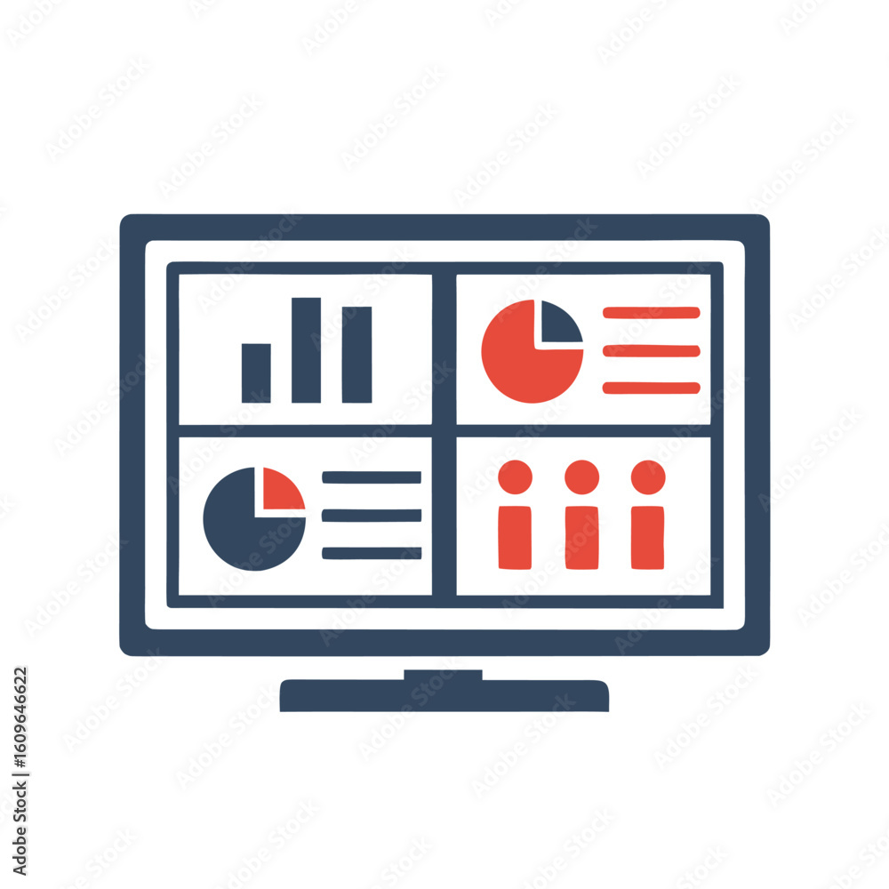 Aufkleber computer monitor displaying financial charts and data with red and blue elements on a white backgrou