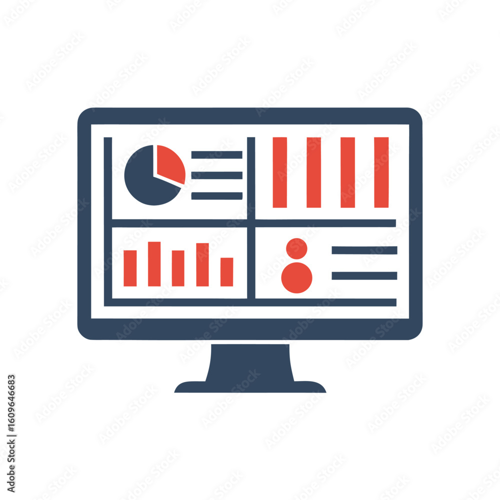 Fototapete computer monitor displaying various charts and graphs in red and blue colors screen data