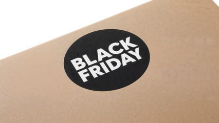 Black friday sale sticker on cardboard box: holiday shopping and discount concept