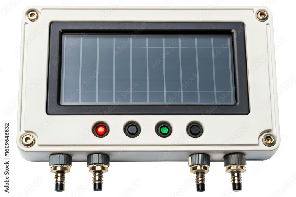 Poster industrial electronic controller with solar panel and indicators isolated with transparent backgroun