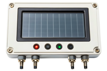 Industrial electronic controller with solar panel and indicators isolated with transparent background