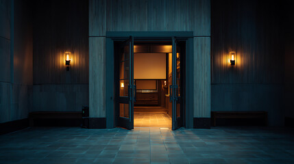 Cinema Lobby Entrance to Blank Screen Warm Theater Lighting