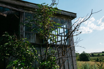 An old wooden abandoned house with broken windows stands in a field among overgrown grass on a summer day against a clear and clear blue sky with clouds. the texture of an old house