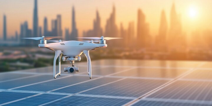 A white quadcopter drone flies near solar panels with a city skyline and sunset in the background.