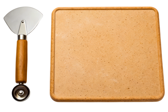 Wooden handled pizza cutter alongside rectangular pizza baking stone isolated with transparent background