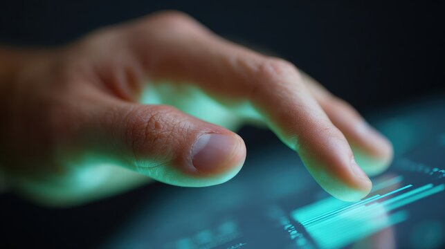 Close-up of a human hand interacting with a holographic interface displaying financial data, futuristic office. Blue and green light, ultra high definition.