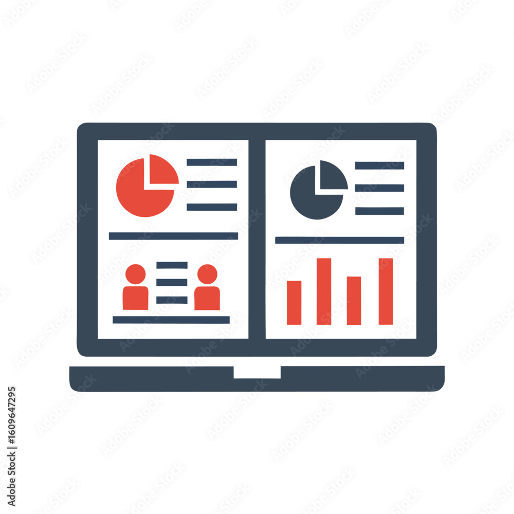 Poster laptop screen displaying charts and graphs with people icons and bar charts vector