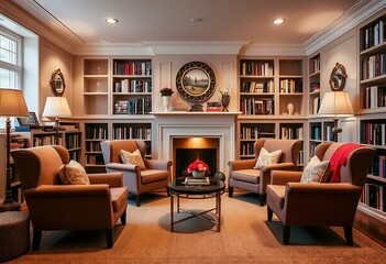Fototapeta premium Cozy Library with Fireplace and Armchairs