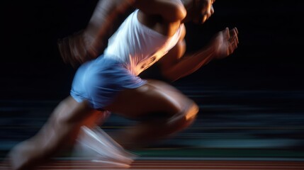 Athlete running on a track, dynamic motion blur, powerful and determined. Sprinting, speed. Intense lighting.