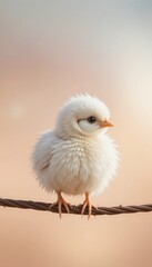 Obraz premium Fluffy white chick perched on wire baby chicken yellow