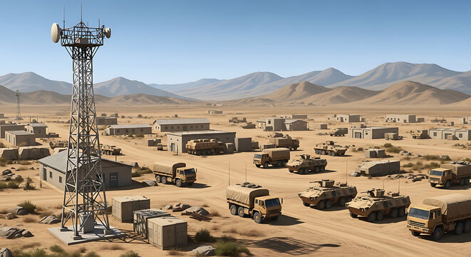 Military base in the desert with communication tower trucks and armored vehicles for defense strategy and national security operations under a clear blue sky
