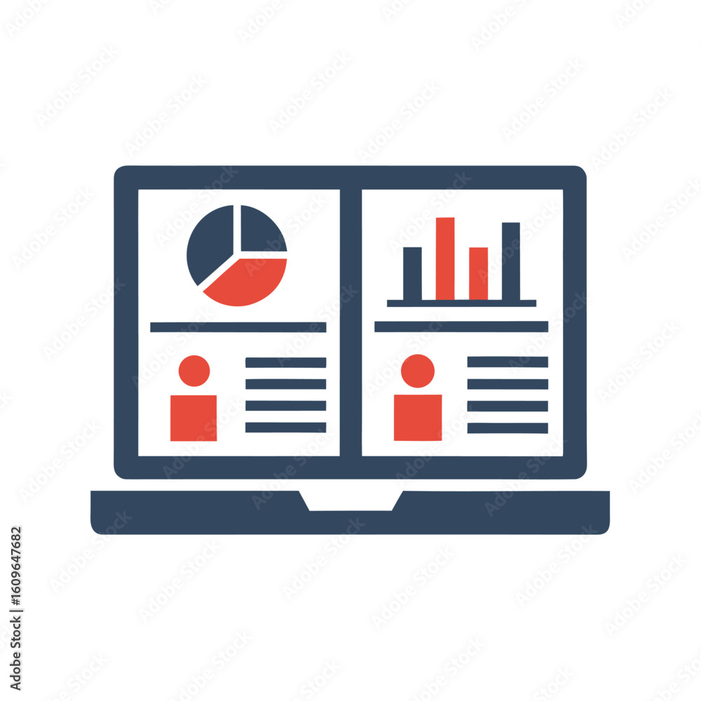 Fototapete laptop screen displaying pie chart and bar graph with data computer technology