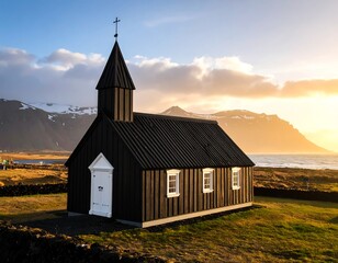 Fototapeta premium Black church at sunset, Icelandic landscape